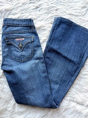 Hudson Y2K Low Rise Boho Hippie Super Flare Dark Wash Denim Jeans Flap Pocket 25